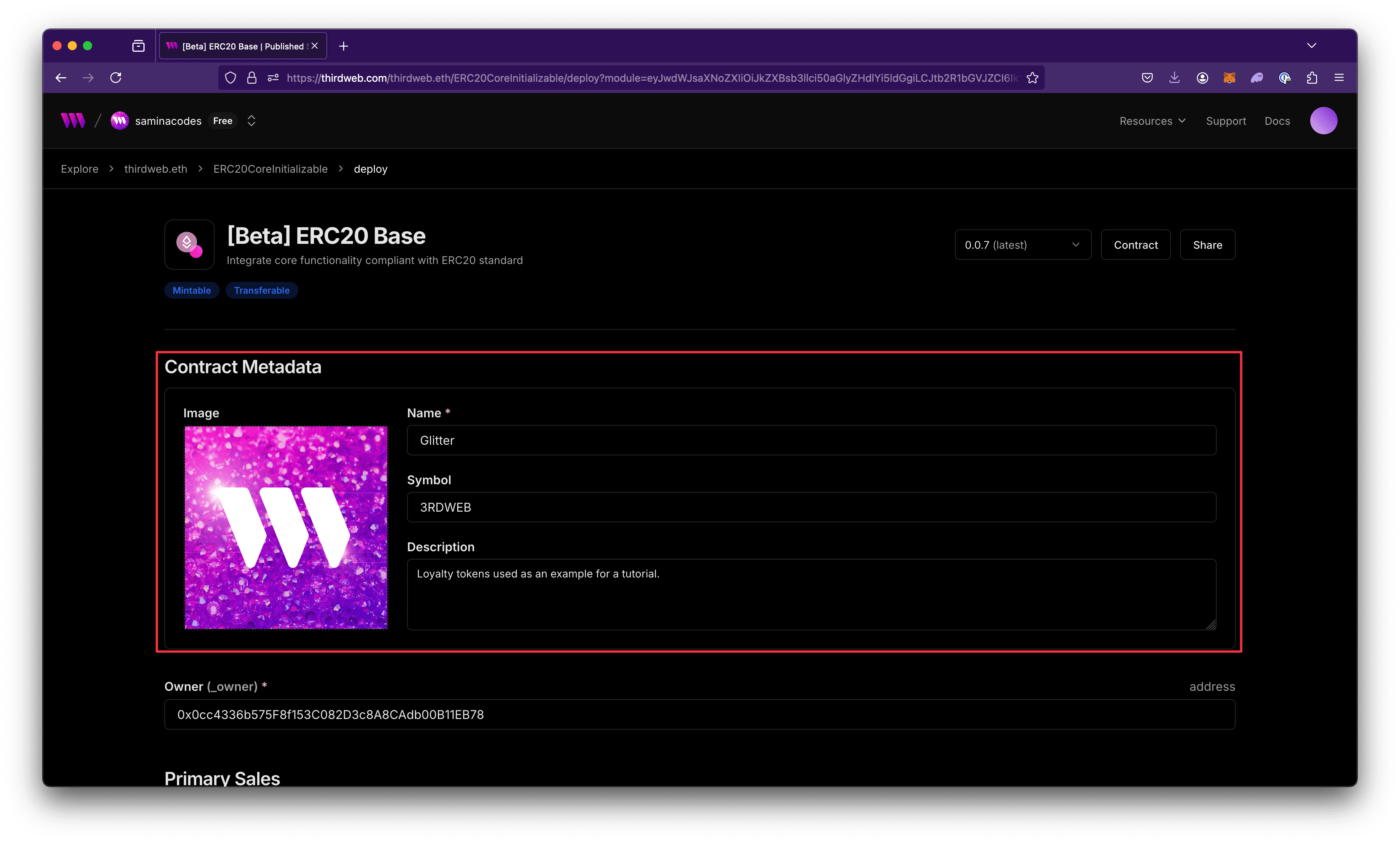 Screenshot of Token configure metadata